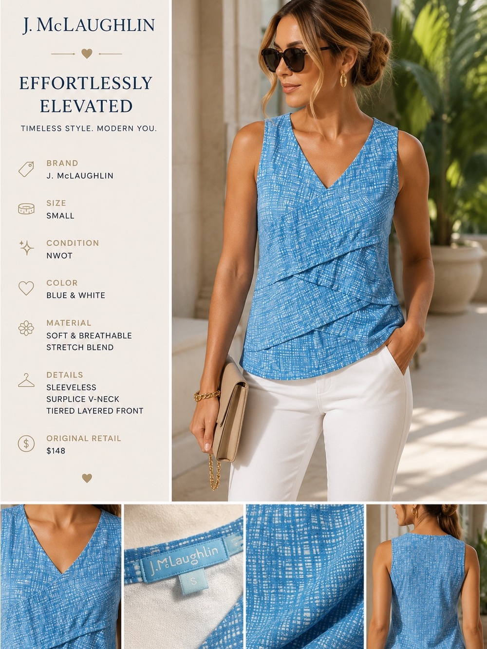 J. McLaughlin Blue & White Sleeveless Surplice Tiered V-Neck Top